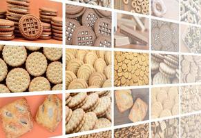 A collage of many pictures with various sweets close-up. A set of images with varieties of biscuits, bagels and candies photo