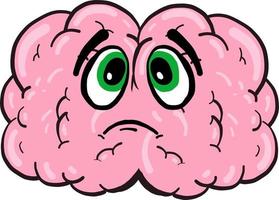 Sad brain with green eyes, illustration, vector on white background.