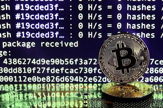 The digital process of cryptocurrency mining by using the GPUs. Bitcoins and video card on a working display and mining screen photo