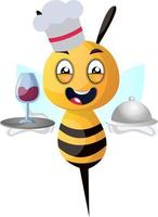 Bee as waiter, illustration, vector on white background.