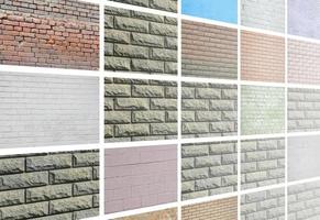 A collage of many pictures with fragments of brick walls of different colors close-up. Set of images with varieties of brickwork photo