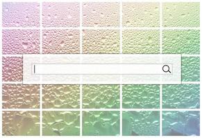 el campo de búsqueda se encuentra en la parte superior del collage de diferentes fragmentos de vidrio, decorado con gotas de lluvia del condensado. colores del arcoiris foto