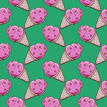 Ice cream in a cone , seamless pattern on a green background. vector