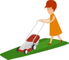 Girl cutting the lawn , illustration, vector on white background