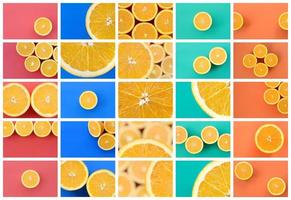 A collage of many pictures with juicy oranges. Set of images with fruits and different colors photo