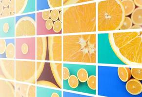 A collage of many pictures with juicy oranges. Set of images with fruits and different colors photo