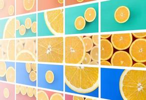 A collage of many pictures with juicy oranges. Set of images with fruits and different colors photo