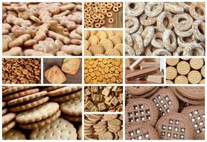 A collage of many pictures with various sweets close-up. A set of biscuits, bagels and candies photo