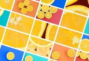 un collage de muchas fotos con jugosas naranjas. conjunto de imágenes con frutas sobre fondos de diferentes colores