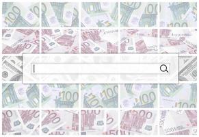 The search string is located on top of collage of many images of euro banknotes in denominations of 100 and 500 euros lying in the heap photo