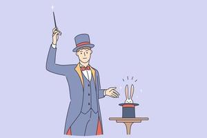 Magician making trick during work concept. Young smiling man magician wearing traditional costume standing with stick making magic trick with rabbit in hat vector illustration