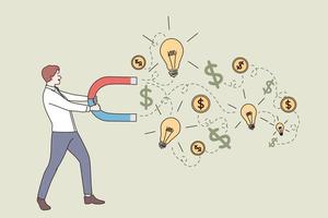 New idea, business success, money earning concept. Young businessman cartoon character standing and attracting money profit and development in ideas with magnet vector illustration