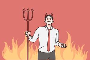 Anger and rage in business concept. Young angry furious businessman cartoon character standing and holding devil horns and trident in hands over burning fire background vector illustration