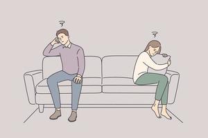 Problems in communication and fight concept. Sad unhappy Husband and wife cartoon characters sitting on couch and keeping silence after quarrel at home vector illustration