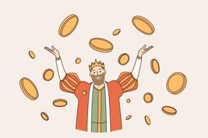 King of coins wealth concept. Young smiling man king in crown cartoon character standing with hands raised up in flying around golden coins feeling happy and confident vector