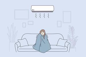 Flu, Fever, feeling cold concept. Young sad woman cartoon character in warm blanket sitting on sofa feeling sick and fever at home vector illustration