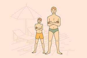 Summer day and vacations concept. Smiling happy man father and boy his son in swimming suits cartoon characters standing with folded hands on chest near pool on beach together during trip vector