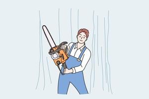 Illegal logging, sawmill concept. Lumberjack man cartoon character standing in forest woods with chainsaw axe or Lumberjack carrying chainsaw vector illustration