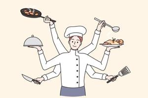 Multi tasking cooking chef concept. Smiling young Multitasking kitchen chef man cartoon character in working uniform standing cooking holding dishes in many hands vector illustration