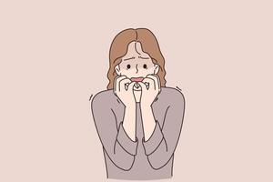 Being worried and stress concept. Portrait of attractive cute scared worried young girl cartoon character biting nails feeling stressed vector illustration