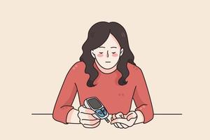 control de la diabetes y concepto de atención médica. personaje de dibujos animados de mujer joven sentada y usando glaucómetro digital en casa con el dedo para la ilustración de vector de control de estado de sangre