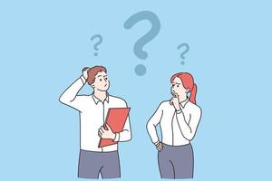 Feeling doubt, question, thinking concept. Young frustrated man and woman business partners cartoon characters standing feeling doubt with question signs above vector illustration