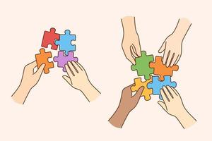 Teamwork, multi ethnic team, cooperation concept. Hands of multicultural people business partners workers colleagues firming whole puzzle of colorful pieces together meaning collaboration vector