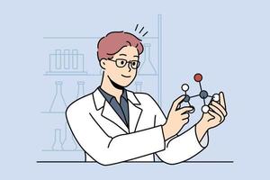 Smiling male scientist working with atom model in laboratory. Happy man researcher in uniform busy in lab. Science and biotechnology. Vector illustration.