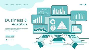 negocios y análisis. un hombre de negocios trabaja con análisis. un hombre de negocios estudia una infografía en una pantalla de computadora. el concepto de trabajo en equipo y contabilidad de datos. financiación de negocios y proyectos. vector