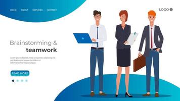 A group of business women and businessmen with a briefcase, laptop and documents.The concept of coworking, teamwork and brainstorming.Flat vector illustration.The template of the landing page.