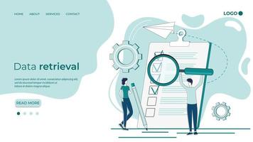 Data retrieval.People use a magnifying glass to search and analyze data.Teamwork and office activities.Flat vector illustration.The template of the landing page.