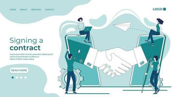 Signing a contract online using your smartphone.Handshake in the background of people and a mobile phone.The concept of a contract, transaction, and business negotiations.Landing page template. vector