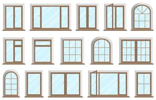 Wooden and plastic windows.Set of windows and frames for home or office with transparent glass.Wood and PVC materials for design elements.Flat vector illustration.