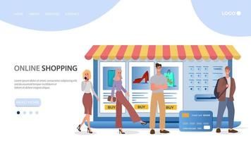 Online store.People use a credit card to make purchases in an online store.The concept of online trading.Flat vector illustration.The template of the landing page.