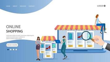 Online shopping and sales.A human hand using a laptop for shopping in an online store and people making purchases.The concept of adaptability of the device.Flat vector illustration.