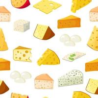 Seamless pattern of chunks of cheese.Cheddar ,mozzarella, maasdam,brie, roquefort, gouda, feta and parmesan.Cut into triangles and slices of delicious cheeses. Illustration done in cartoon style. vector