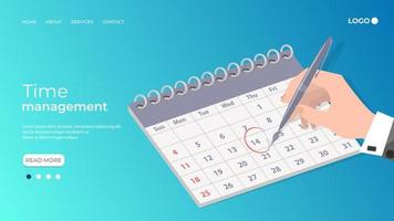 Time management.The businessman's hand makes notes in the calendar.Deadline and task scheduling.Calculation of the remaining days.Flat vector illustration.The template of the landing page.