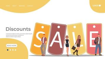 Young people are rushing to the sale.Discounts and discount coupons great package and the purse as a symbol of retail.Flat vector illustration.The template of the landing page.