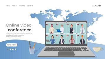 Online video conference.People communicate with each other,remote work,freelancing, online education using a laptop.Concept of development of modern technologies.Flat vector illustration.