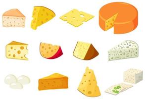 A set of different types of cheese.Cheddar ,mozzarella, maasdam,brie, roquefort, gouda, feta and parmesan.Cut into triangles and slices of delicious cheeses.Flat vector illustration in cartoon style.