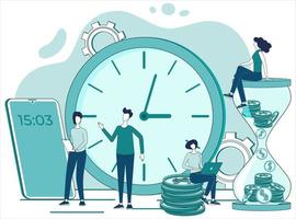Time management.The process of organizing a business, business people working together, working overtime under deadline conditions.People and a big clock with a smartphone showing the time vector