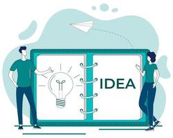 A new idea.People discuss new ideas among themselves .Brainstorming and starting new projects.The concept of finding and implementing ideas.Flat vector illustration.