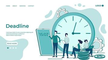 Deadline and time control.Business organization process, business people working together, working overtime under deadline conditions.People and a large watch with a smartphone showing the time. vector