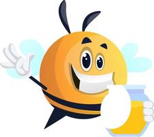 Bee waving and holding honey jar, illustration, vector on white background.