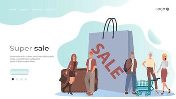 Young people are rushing to the sale.Discounts and discount coupons great package and the purse as a symbol of retail.Flat vector illustration.The template of the landing page.