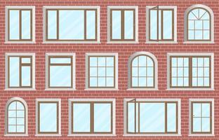 Set of plastic and wooden windows.Windows of different design located on the wall of a brick house.Can be used in design elements.Flat vector illustration.
