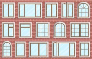 Set of plastic and wooden windows.Windows of different design located on the wall of a brick house.Can be used in design elements.Flat vector illustration.