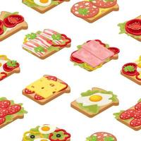 A seamless pattern of delicious breakfast toast.Fried pieces of bread with sausage, cheese, eggs, bacon and ham with tomatoes.Food for breakfast, food for lunch,food for dinner. vector