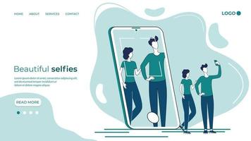 hermosos selfies.la gente se toma selfies con sus smartphones.nuevas tecnologías, facilidad de uso, gente feliz, estilo de vida.ilustración vectorial abstracta para diseño y diseño web. vector