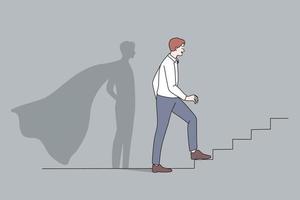 Success, opportunities, leadership concept. Young businessman standing on ladder forward and looking ahead for new possibilities and development with hero shadow behind vector illustration